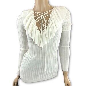 Intermix Petite XS 'Mika' Ivory White Lace-Up Knit Top Viscose Long Sleeves